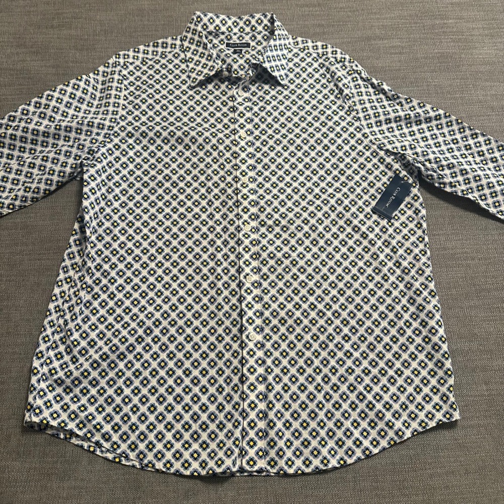 Club Room Button Down Shirt Mens XXL White Blue Yellow Geometric NWT Long Sleeve